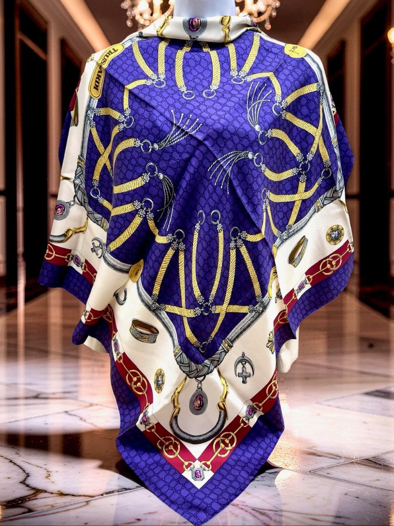 New Beautiful Trussardi 100 Silk Scarf Satin 35 Purple Blue White Gold 17